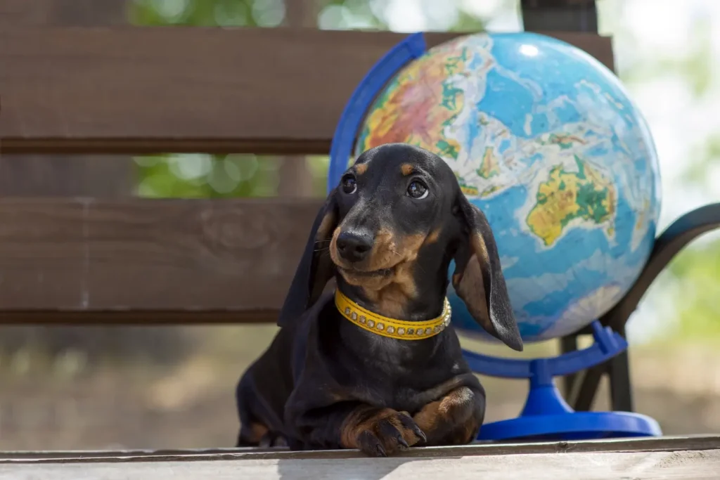 Portrait of a young cute dog Porsy Dachshund and a globe on a background in nature. The concept of tourism and travel.